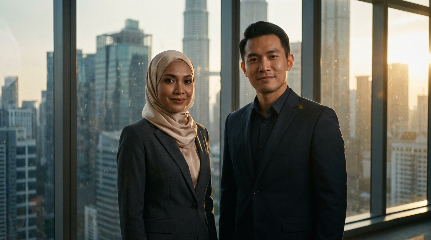Confident Asian business professionals — muslimah and businessman — at golden hour